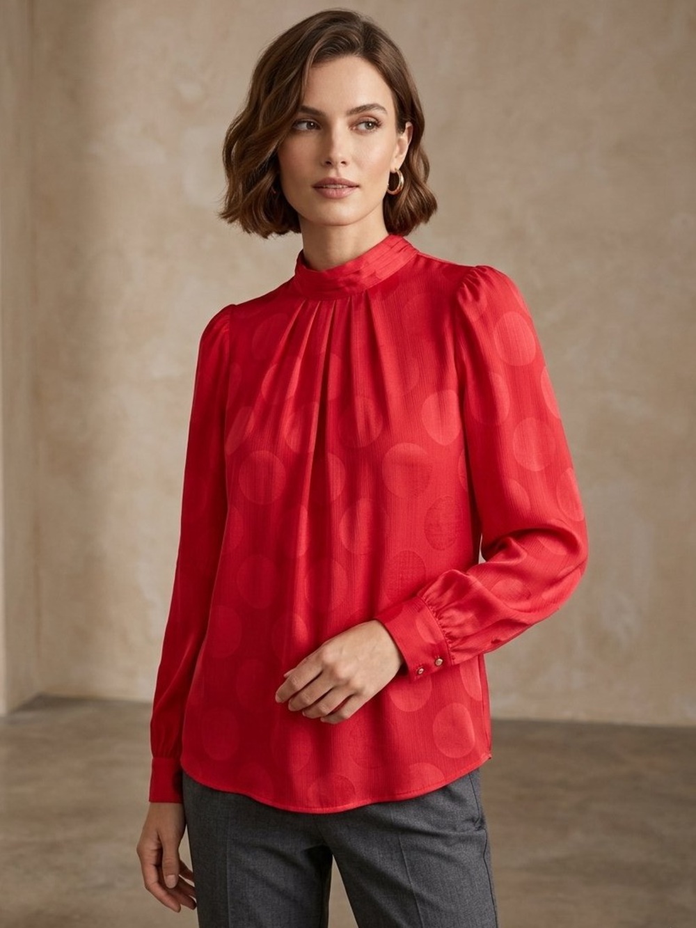 Who What Wear Red Tonal Polka Dot Pleated High-Neck Flowy Blouse